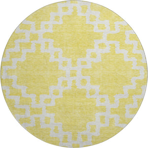 HomeRoots 8' Yellow and Ivory Abstract Geometric Washable Round Rug - Stylish, UV-Protected, Durable Solution 671759