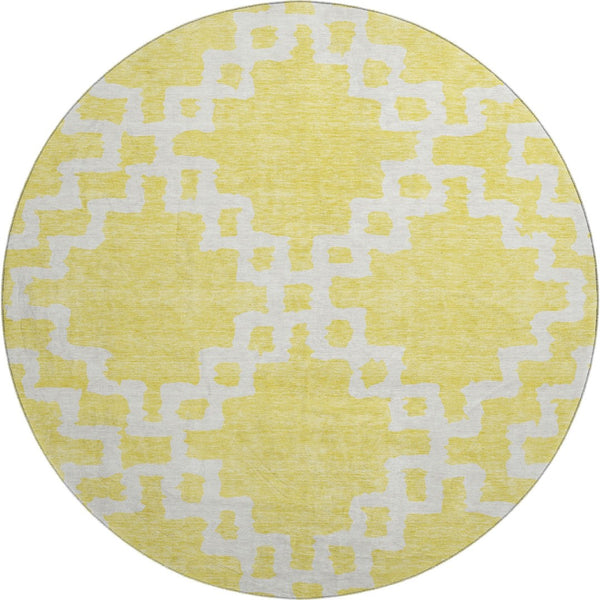 HomeRoots 8' Yellow and Ivory Abstract Geometric Washable Round Rug - Stylish, UV-Protected, Durable Solution 671759