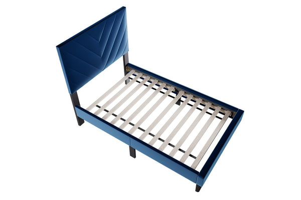 English Elm 1pc Twin Platform Bed Velvet Upholstered Adjustable Headboard V-stitch Blush Bedroom Navy Blue B011P415212