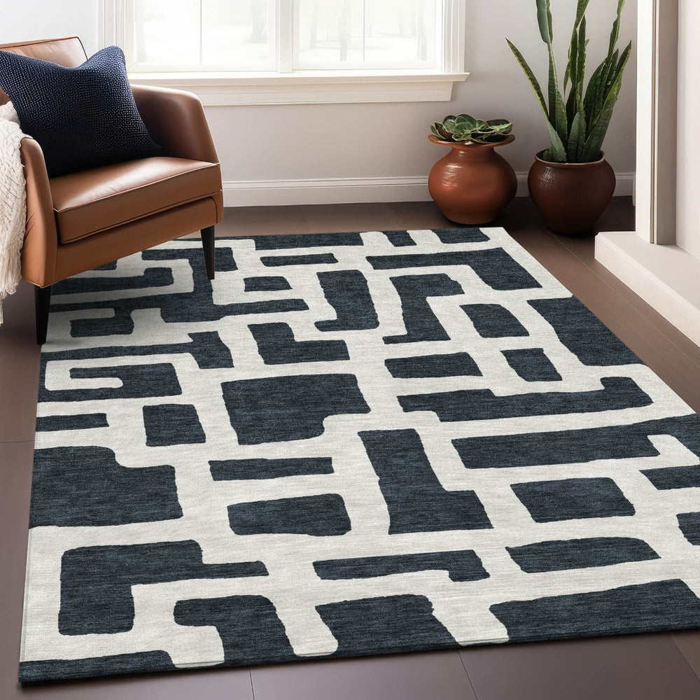 HomeRoots 10' X 14' Black & Ivory Modern Abstract Geometric Area Rug – Stain Resistant, UV Protected & Washable! 671774