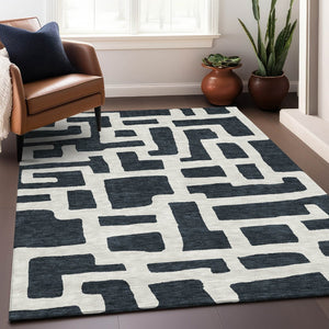 HomeRoots 10' X 14' Black & Ivory Modern Abstract Geometric Area Rug – Stain Resistant, UV Protected & Washable! 671774