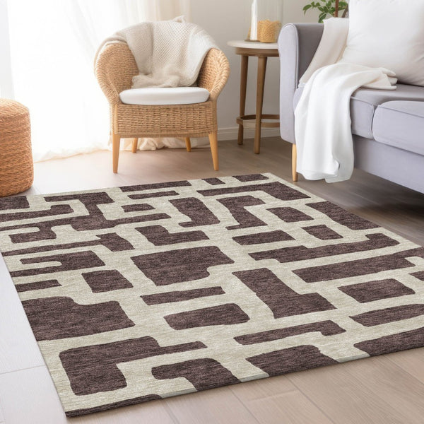 HomeRoots 5' X 8' Chocolate and Beige Abstract Geometric Washable Area Rug - Soft, Durable, UV Protected Design 671776