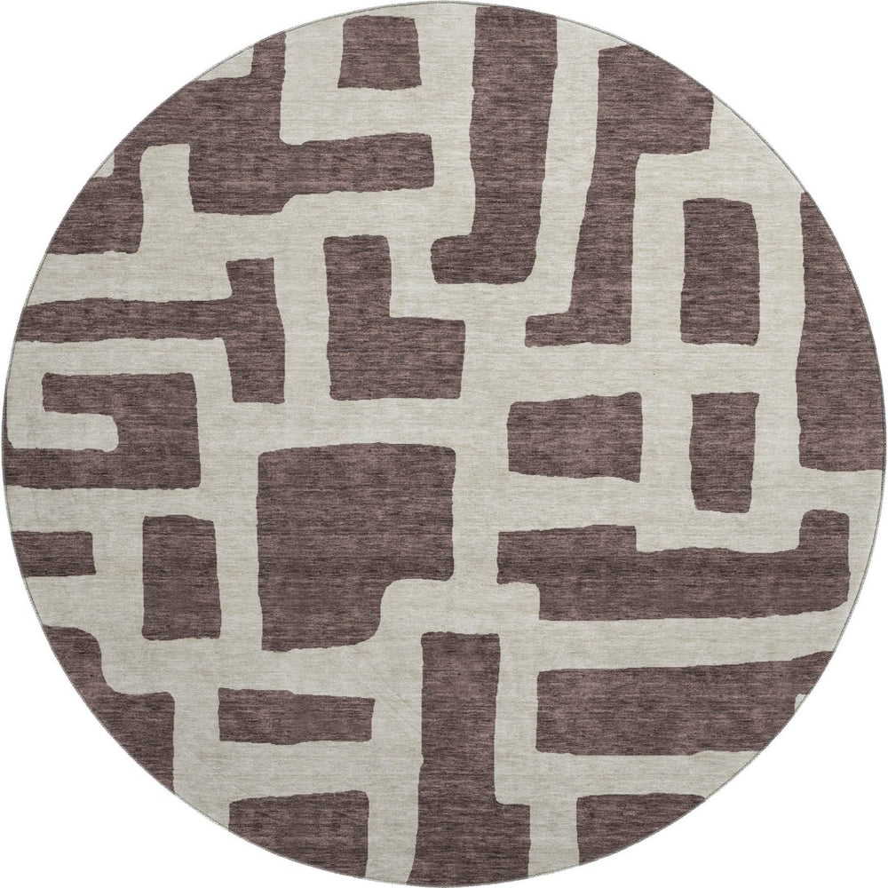HomeRoots 8' Chocolate and Beige Abstract Geometric Round Rug – Washable, UV-Protected, Stylish & Durable! 671777