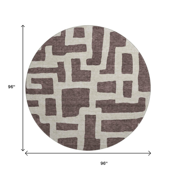 HomeRoots 8' Chocolate and Beige Abstract Geometric Round Rug – Washable, UV-Protected, Stylish & Durable! 671777