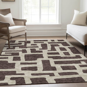HomeRoots 9' X 12' Chocolate & Beige Abstract Geometric Area Rug - Washable, Stain-Resistant & UV Protected! 671779