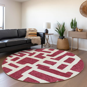 HomeRoots 8' Burgundy and Ivory Abstract Geometric Round Rug - Durable, Washable, UV Protected for Family Use 671783