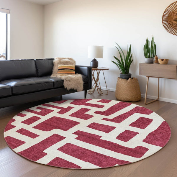 HomeRoots 8' Burgundy and Ivory Abstract Geometric Round Rug - Durable, Washable, UV Protected for Family Use 671783