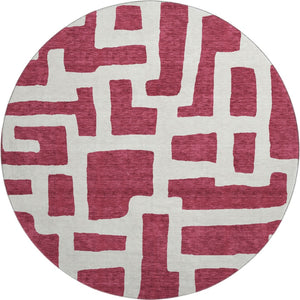 HomeRoots 8' Burgundy and Ivory Abstract Geometric Round Rug - Durable, Washable, UV Protected for Family Use 671783