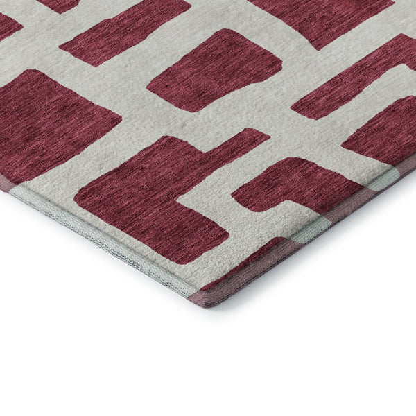 HomeRoots 8' Burgundy and Ivory Abstract Geometric Round Rug - Durable, Washable, UV Protected for Family Use 671783