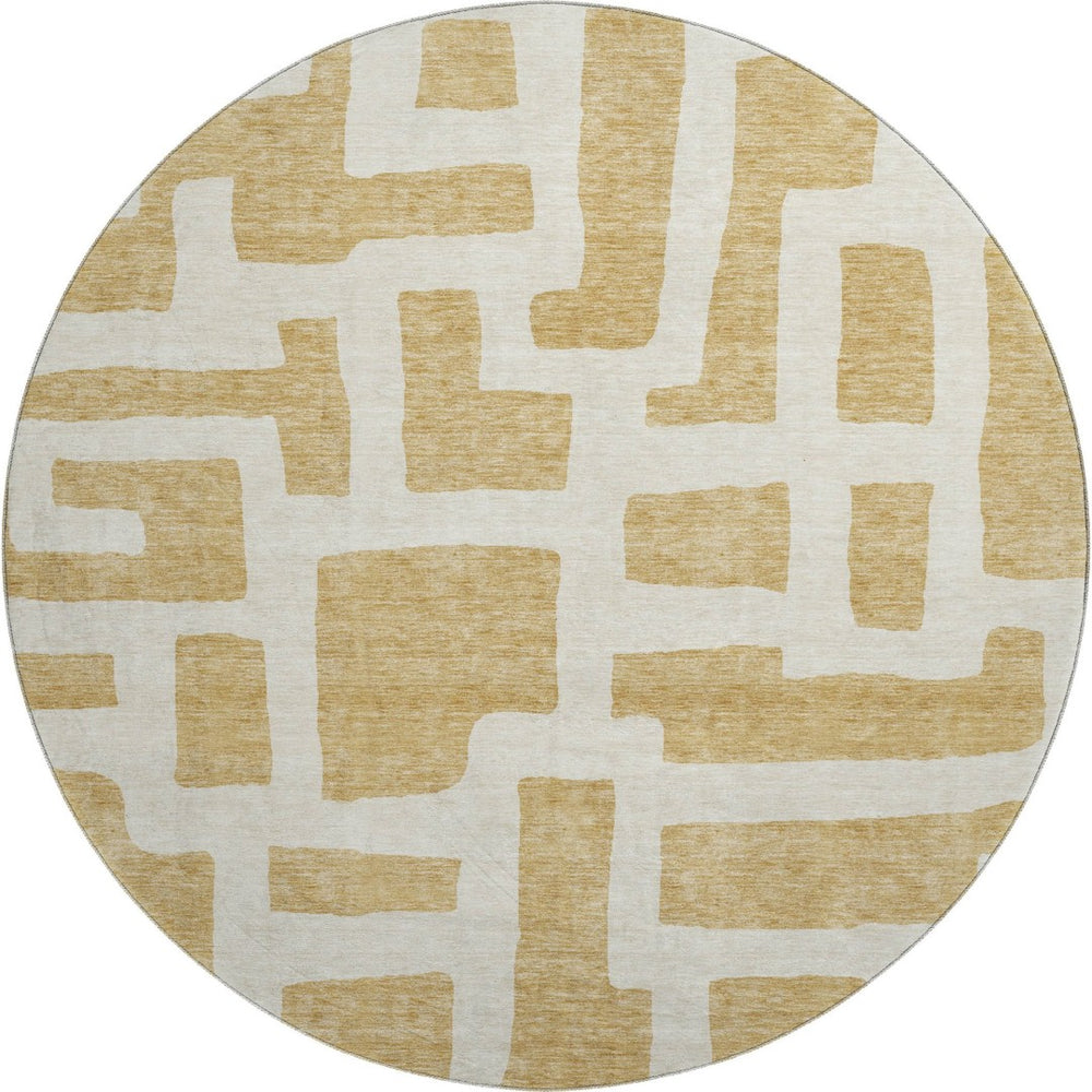 HomeRoots 8' Gold and Ivory Washable Round Rug – Stylish Abstract Geometric Design with UV Protection & Durability 671789