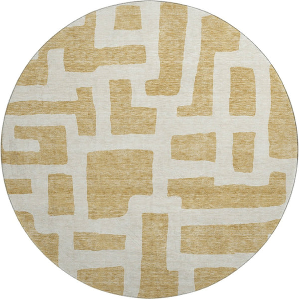 HomeRoots 8' Gold and Ivory Washable Round Rug – Stylish Abstract Geometric Design with UV Protection & Durability 671789