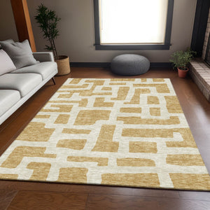 HomeRoots 8' X 10' Gold and Ivory Abstract Geometric Area Rug - Washable, UV Protected, Durable Style for Homes 671790