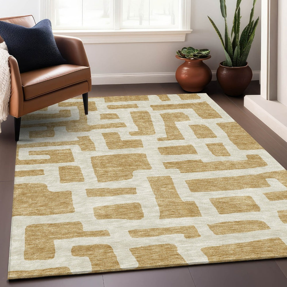 HomeRoots 10' X 14' Gold and Ivory Abstract Geometric Area Rug – Washable, UV-Protected, Stylish & Durable! 671792