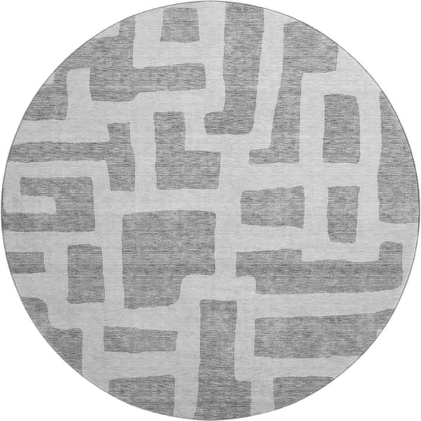HomeRoots 8' Gray and Ivory Abstract Geometric Round Rug - Washable, UV Protected, Durable for Busy Homes! 671795