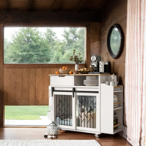 English Elm 2 IN 1 Modern Dog Crate Kitchen Island with Storage, Rolling Lockable Casters, Sliding Doors & Drawer N843P256452R