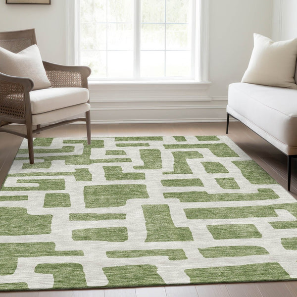 HomeRoots 5' X 8' Green And Ivory Abstract Geometric Area Rug - Washable, UV-Protected, Durable & Stylish! 671800