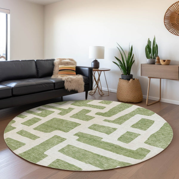 HomeRoots 8' Green and Ivory Abstract Geometric Round Rug - Washable, UV-Protected, Durable & Stylish Décor Piece 671801