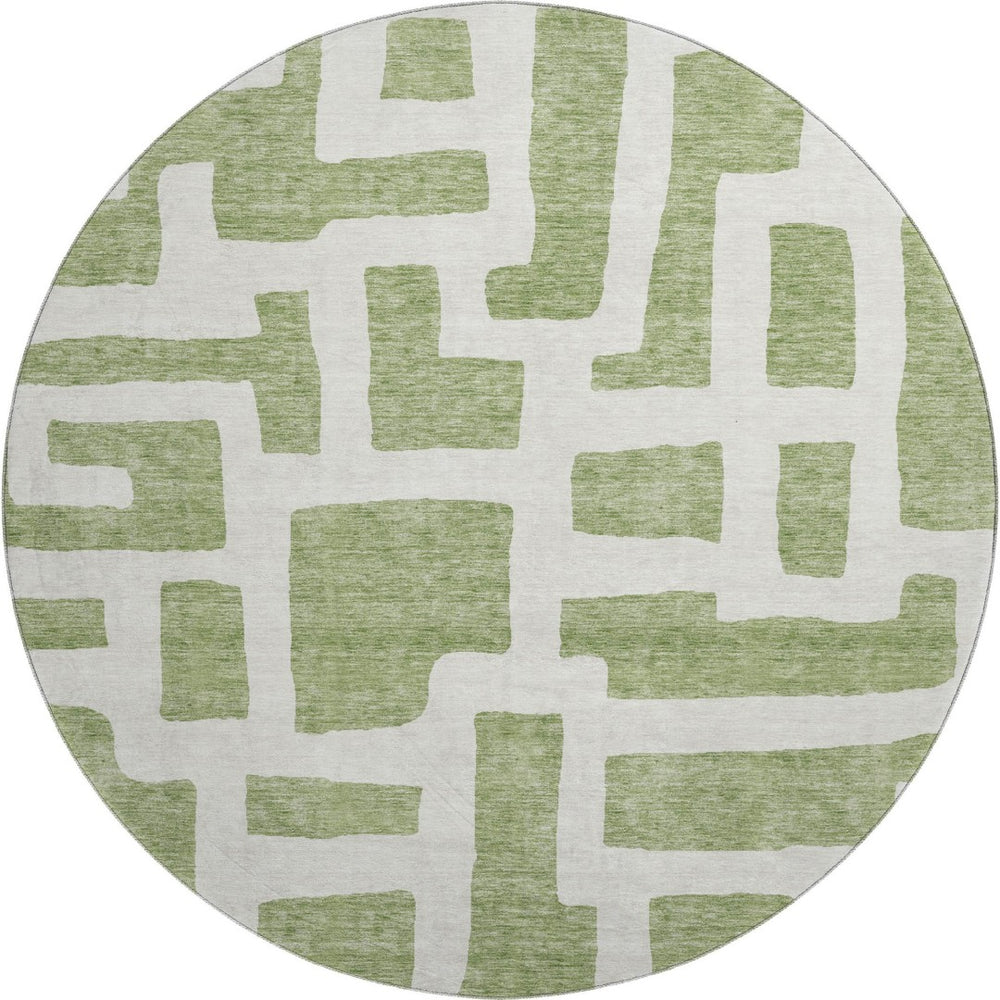 HomeRoots 8' Green and Ivory Abstract Geometric Round Rug - Washable, UV-Protected, Durable & Stylish Décor Piece 671801