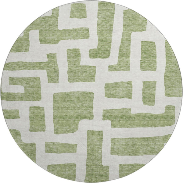 HomeRoots 8' Green and Ivory Abstract Geometric Round Rug - Washable, UV-Protected, Durable & Stylish Décor Piece 671801