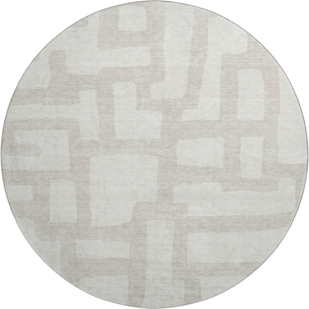 HomeRoots 8' Ivory and Beige Abstract Geometric Round Rug - Washable, UV Protected, Stain Resistant Design 671807