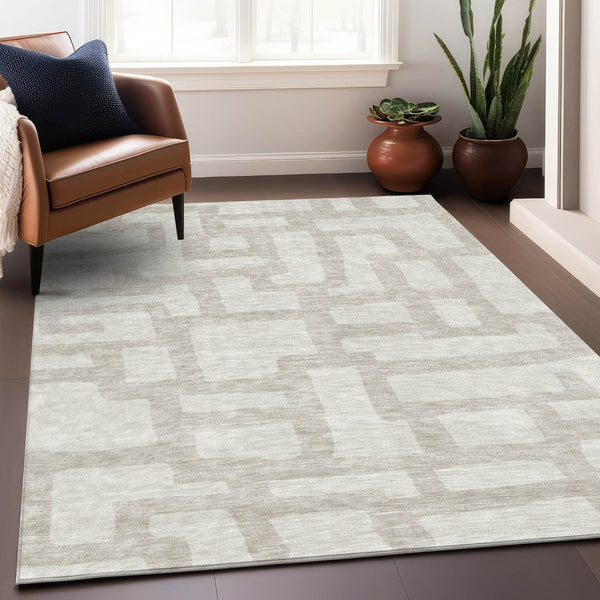 HomeRoots 8' X 10' Ivory and Beige Abstract Geometric Area Rug - Washable, UV-Protected, Soft & Durable Design 671808