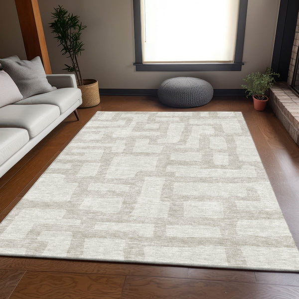 HomeRoots 8' X 10' Ivory and Beige Abstract Geometric Area Rug - Washable, UV-Protected, Soft & Durable Design 671808
