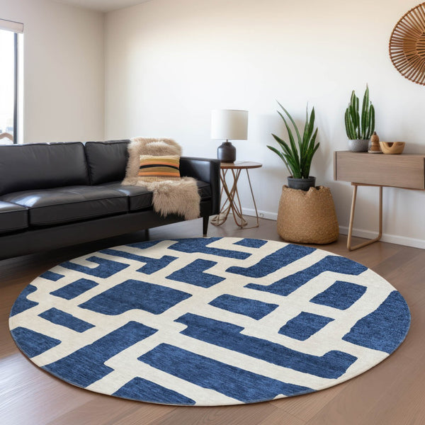 HomeRoots 8' Navy Blue and Ivory Abstract Geometric Round Rug - Washable, UV-Protected, Durable & Stylish! 671813