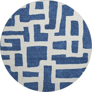 HomeRoots 8' Navy Blue and Ivory Abstract Geometric Round Rug - Washable, UV-Protected, Durable & Stylish! 671813