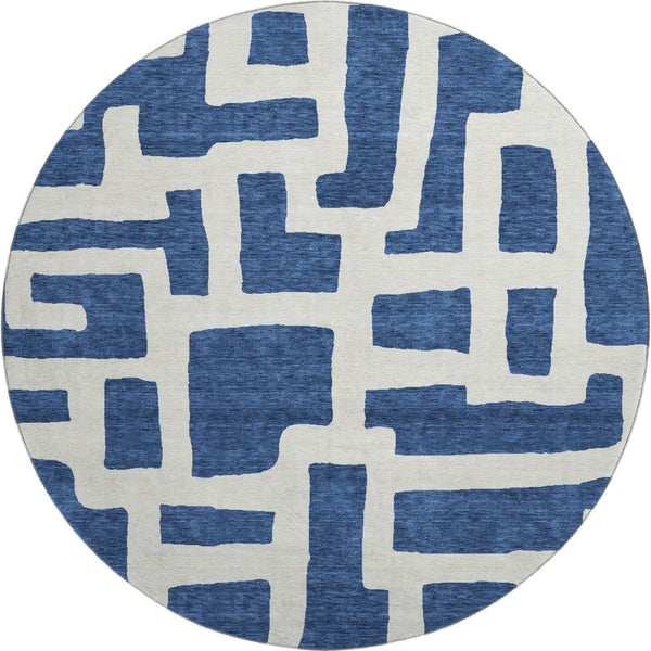 HomeRoots 8' Navy Blue and Ivory Abstract Geometric Round Rug - Washable, UV-Protected, Durable & Stylish! 671813