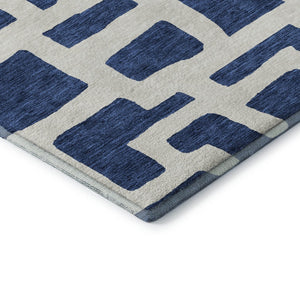 HomeRoots 8' Navy Blue and Ivory Abstract Geometric Round Rug - Washable, UV-Protected, Durable & Stylish! 671813