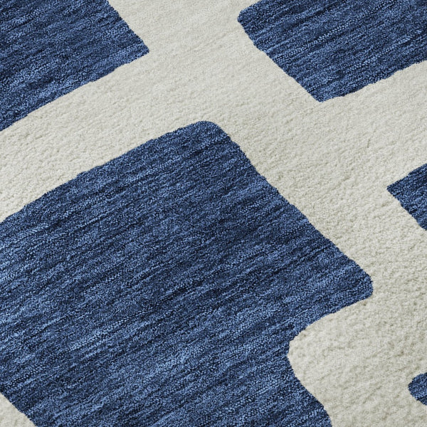 HomeRoots 8' Navy Blue and Ivory Abstract Geometric Round Rug - Washable, UV-Protected, Durable & Stylish! 671813