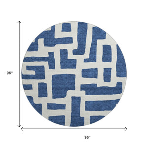 HomeRoots 8' Navy Blue and Ivory Abstract Geometric Round Rug - Washable, UV-Protected, Durable & Stylish! 671813
