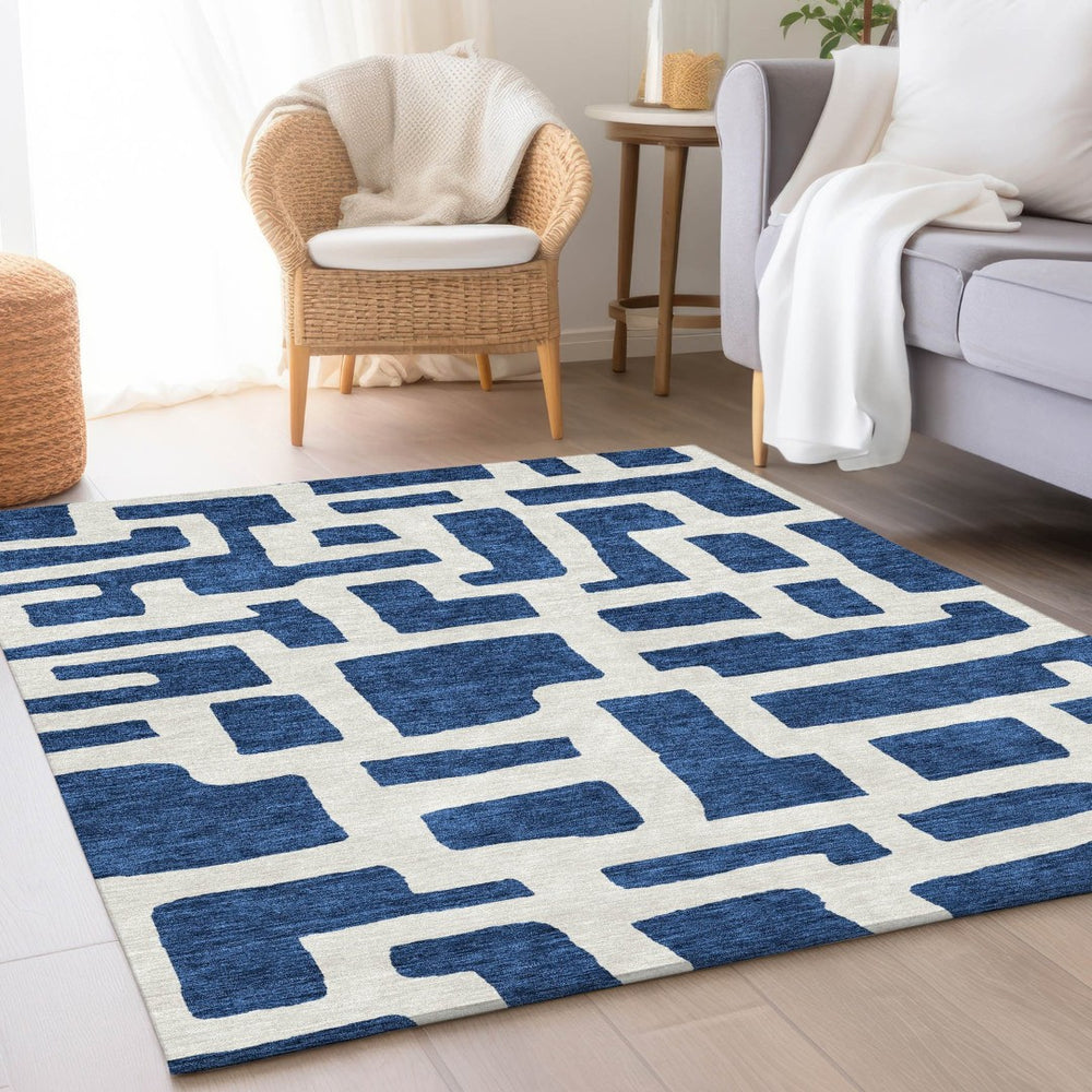 HomeRoots 10' X 14' Navy Blue & Ivory Abstract Geometric Area Rug – Durable, Washable, UV-Protected Design! 671816