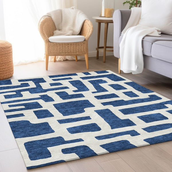 HomeRoots 10' X 14' Navy Blue & Ivory Abstract Geometric Area Rug – Durable, Washable, UV-Protected Design! 671816