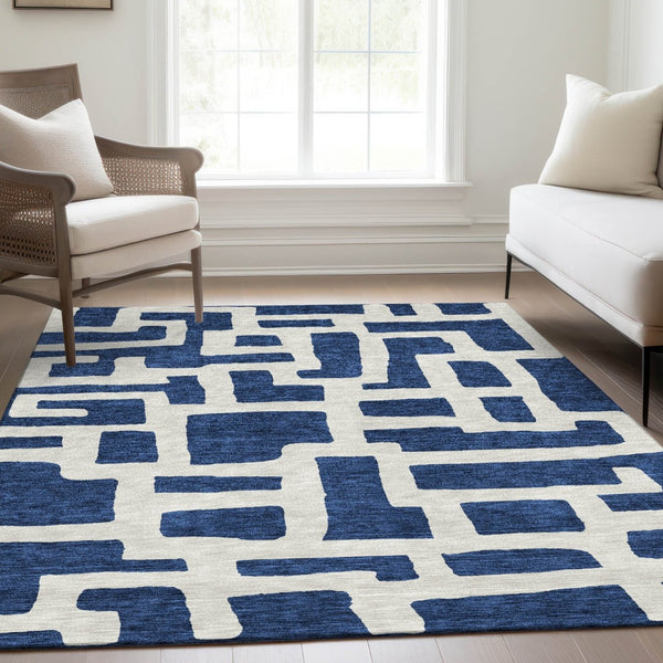 HomeRoots 10' X 14' Navy Blue & Ivory Abstract Geometric Area Rug – Durable, Washable, UV-Protected Design! 671816