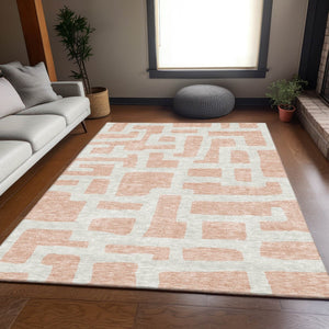 HomeRoots 5' X 8' Peach and Ivory Abstract Geometric Area Rug - Washable, UV Protected, Ideal for High-Traffic Areas 671818