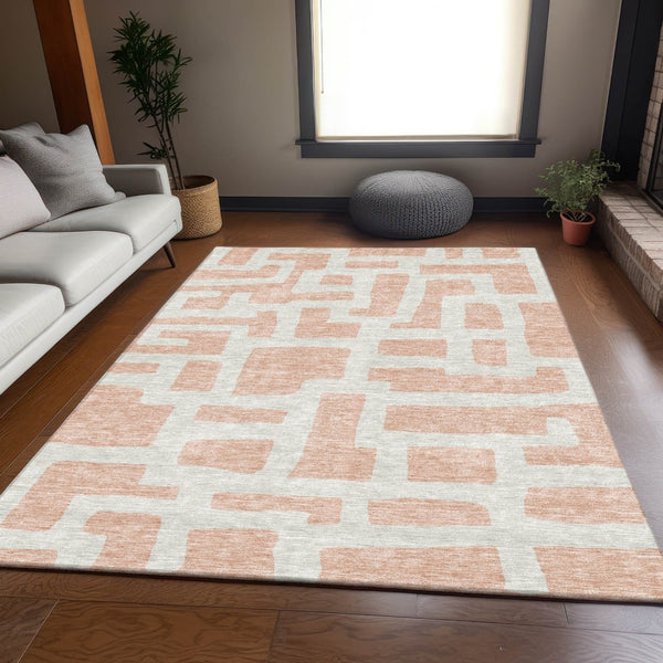 HomeRoots 5' X 8' Peach and Ivory Abstract Geometric Area Rug - Washable, UV Protected, Ideal for High-Traffic Areas 671818