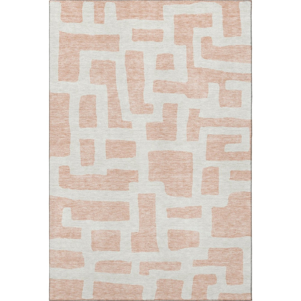 HomeRoots 5' X 8' Peach and Ivory Abstract Geometric Area Rug - Washable, UV Protected, Ideal for High-Traffic Areas 671818