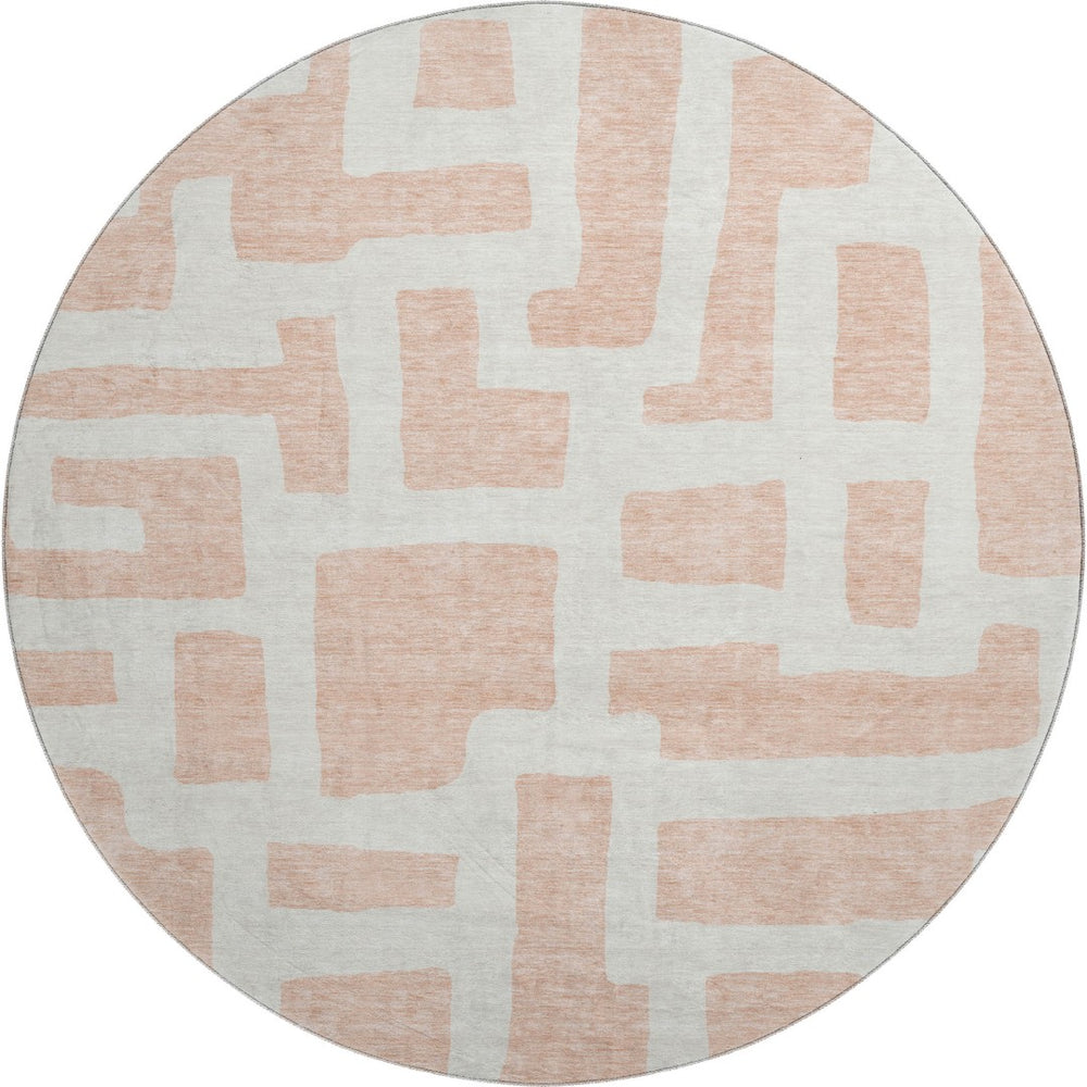 HomeRoots 8' Peach and Ivory Abstract Round Rug - Modern Geometric Design with Stain, UV Protection & Washable Care 671819