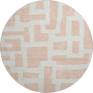 HomeRoots 8' Peach and Ivory Abstract Round Rug - Modern Geometric Design with Stain, UV Protection & Washable Care 671819
