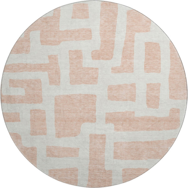 HomeRoots 8' Peach and Ivory Abstract Round Rug - Modern Geometric Design with Stain, UV Protection & Washable Care 671819