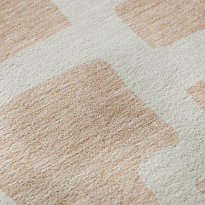 HomeRoots 8' Peach and Ivory Abstract Round Rug - Modern Geometric Design with Stain, UV Protection & Washable Care 671819