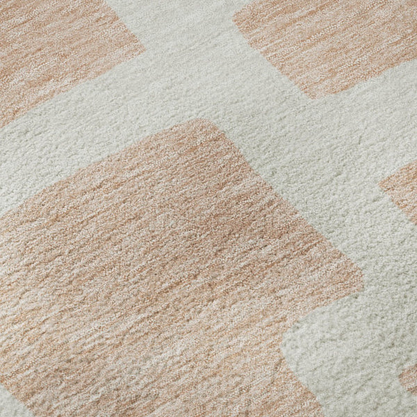 HomeRoots 8' Peach and Ivory Abstract Round Rug - Modern Geometric Design with Stain, UV Protection & Washable Care 671819