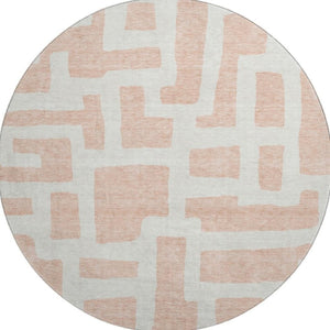 HomeRoots 8' Peach and Ivory Abstract Round Rug - Modern Geometric Design with Stain, UV Protection & Washable Care 671819