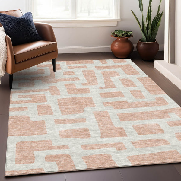 HomeRoots 10' X 14' Peach & Ivory Geometric Washable Area Rug with UV Protection for Modern Living Spaces 671822