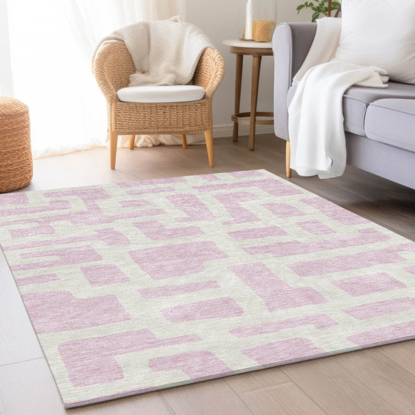 HomeRoots 5' X 8' Pink & Ivory Abstract Geometric Area Rug - Washable, UV Protected, Soft & Durable Design 671824
