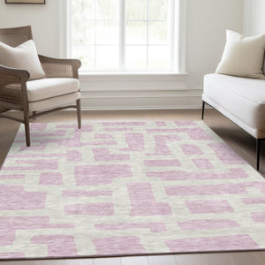 HomeRoots 5' X 8' Pink & Ivory Abstract Geometric Area Rug - Washable, UV Protected, Soft & Durable Design 671824