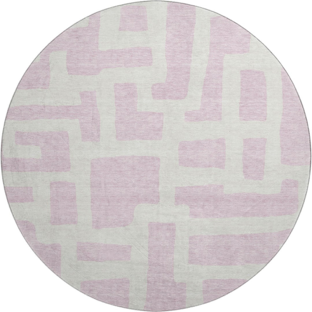 HomeRoots 8' Pink And Ivory Abstract Geometric Round Rug – Washable, UV-Protected, Perfect for Any Space! 671825