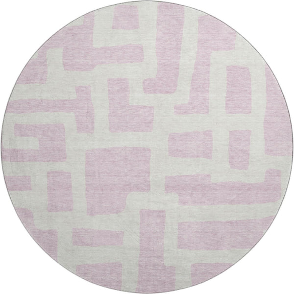 HomeRoots 8' Pink And Ivory Abstract Geometric Round Rug – Washable, UV-Protected, Perfect for Any Space! 671825
