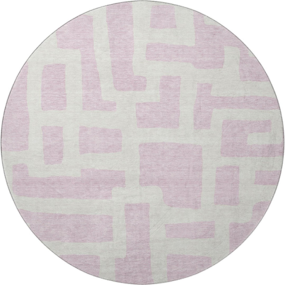 HomeRoots 8' Pink And Ivory Abstract Geometric Round Rug – Washable, UV-Protected, Perfect for Any Space! 671825